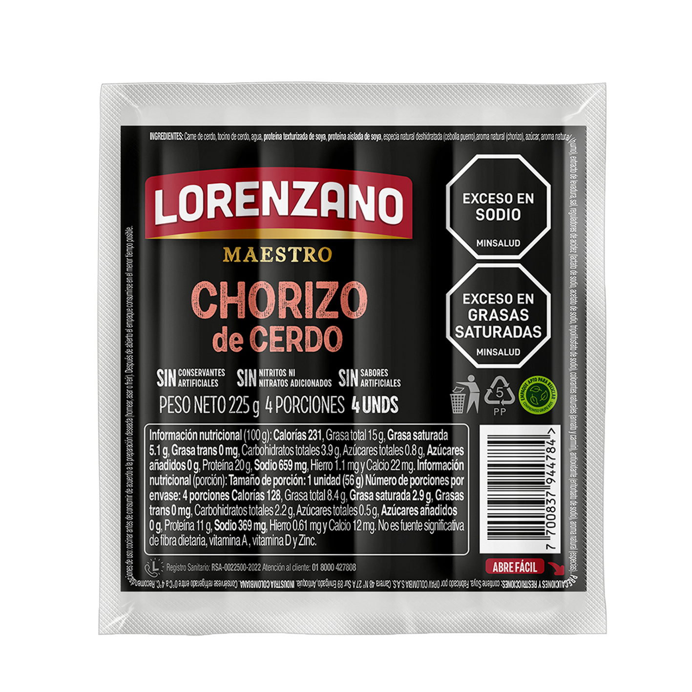Chorizo de cerdo Para el disfrute 225 g